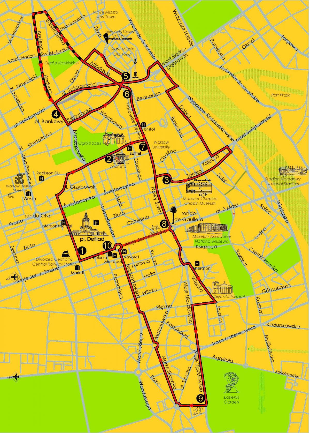 Mapa de Varsovia hop on hop off autobús 