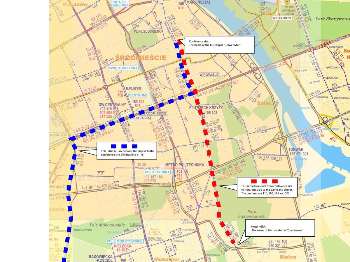 Mapa de Varsovia, autobús 175 ruta 