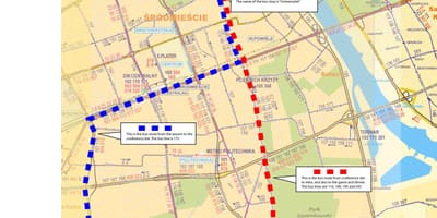 Mapa de Varsovia, autobús 175 ruta 
